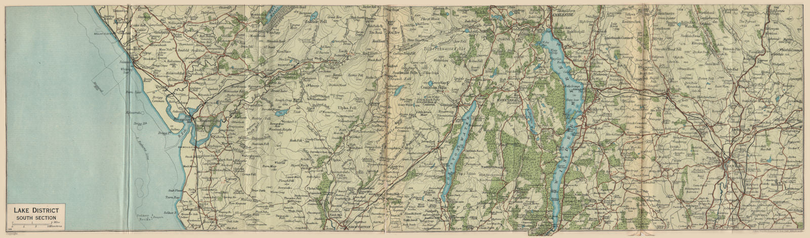 LAKE DISTRICT SOUTH Coniston Water Windermere Ambleside Kendal Cumbria  1939 map
